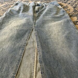Straight-Leg Denim Midi Skirt with Front Slit - Blue
